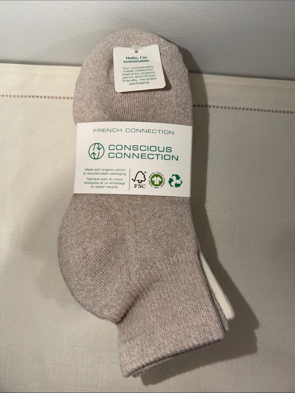French Connection 5pk Ivory Heather Tan Brown Organic Cotton Blend Knit Socks